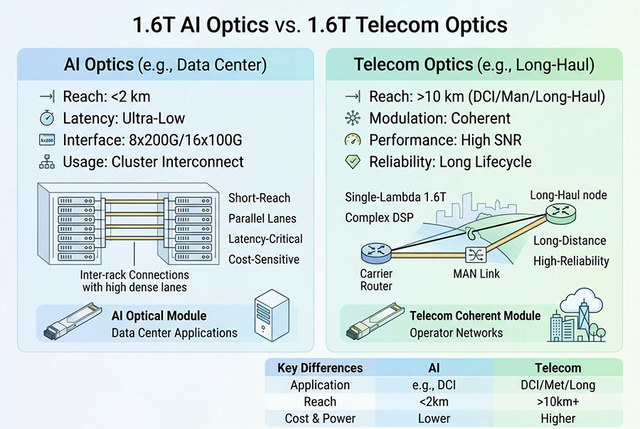 1.6T AI Optics vs 1.6T Telecom Optics