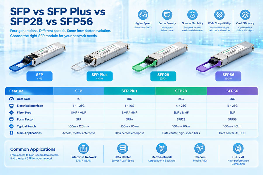 What Is the Difference Between SFP, SFP+, SFP28, SFP56?